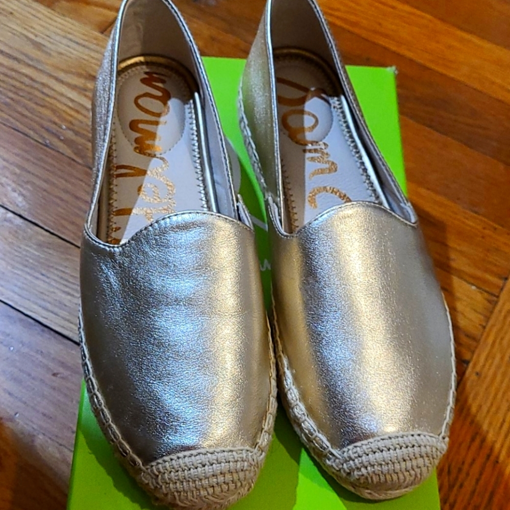 Gold Leather slip on espadrille